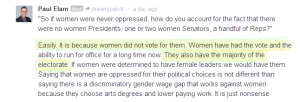 Elam says women were never oppressed cuz they vote. LOL
